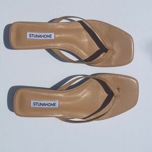 Tan Thong Kitten Heel Sandals